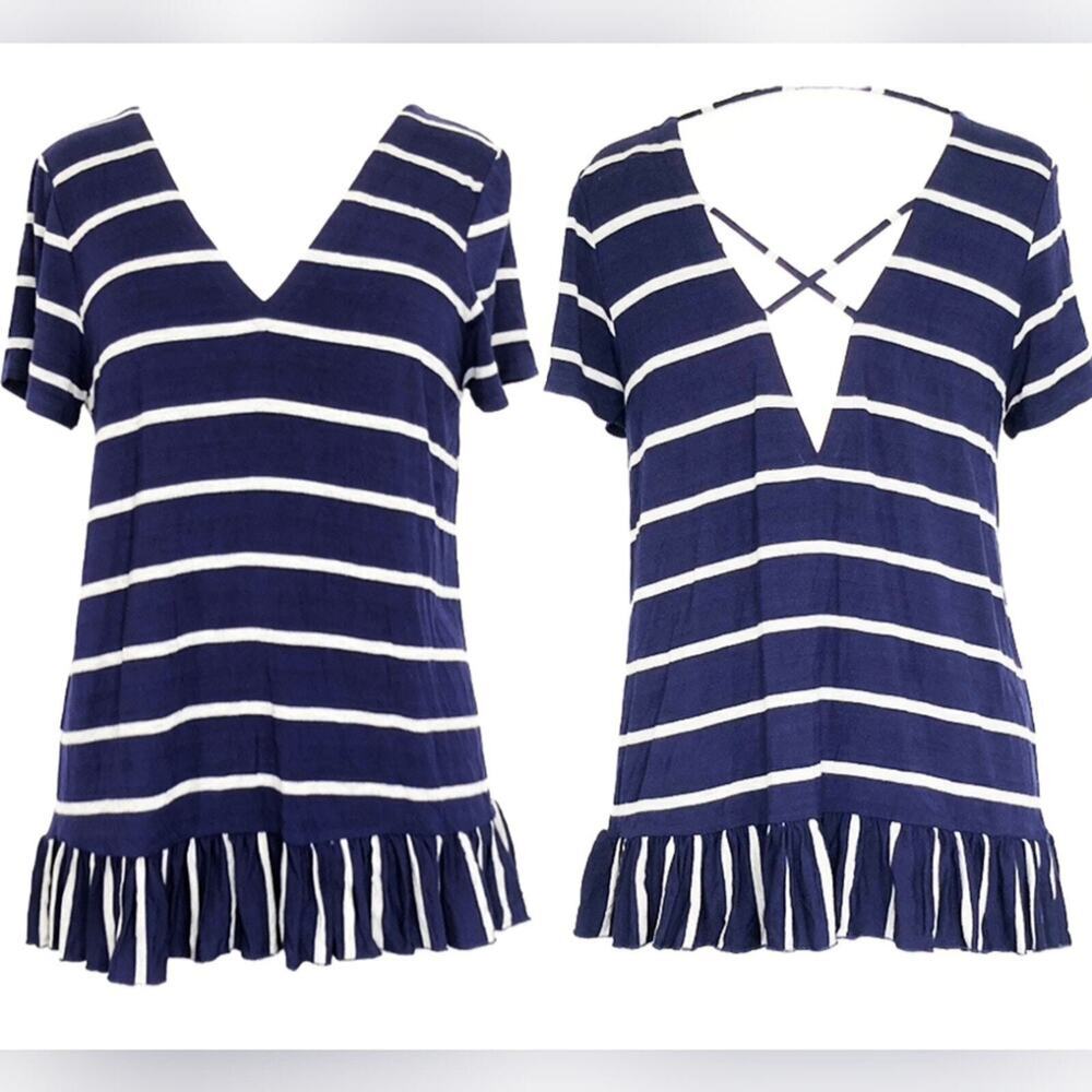 Chaser NEW Strappy Blue Striped Ruffled Hem Double V Peplum Short Sleeve Top M